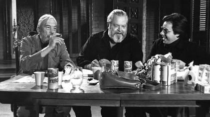 John Huston, Orson Welles, Peter Bogdanovich on set of The Other Side of the Wind
