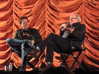 Actor Michael Shannon, left, and playwright Tracy Letts discuss 2007 movie 'Bug' at Music Box Theatre in Chicago, January 9 2020. Moresby Press photo