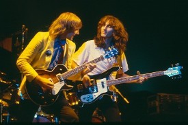 Alex Lifeson and Geddy Lee of the band Rush perform at Alpine Valley Music Theatre in Wisconsin July 1981 photo by James Borneman